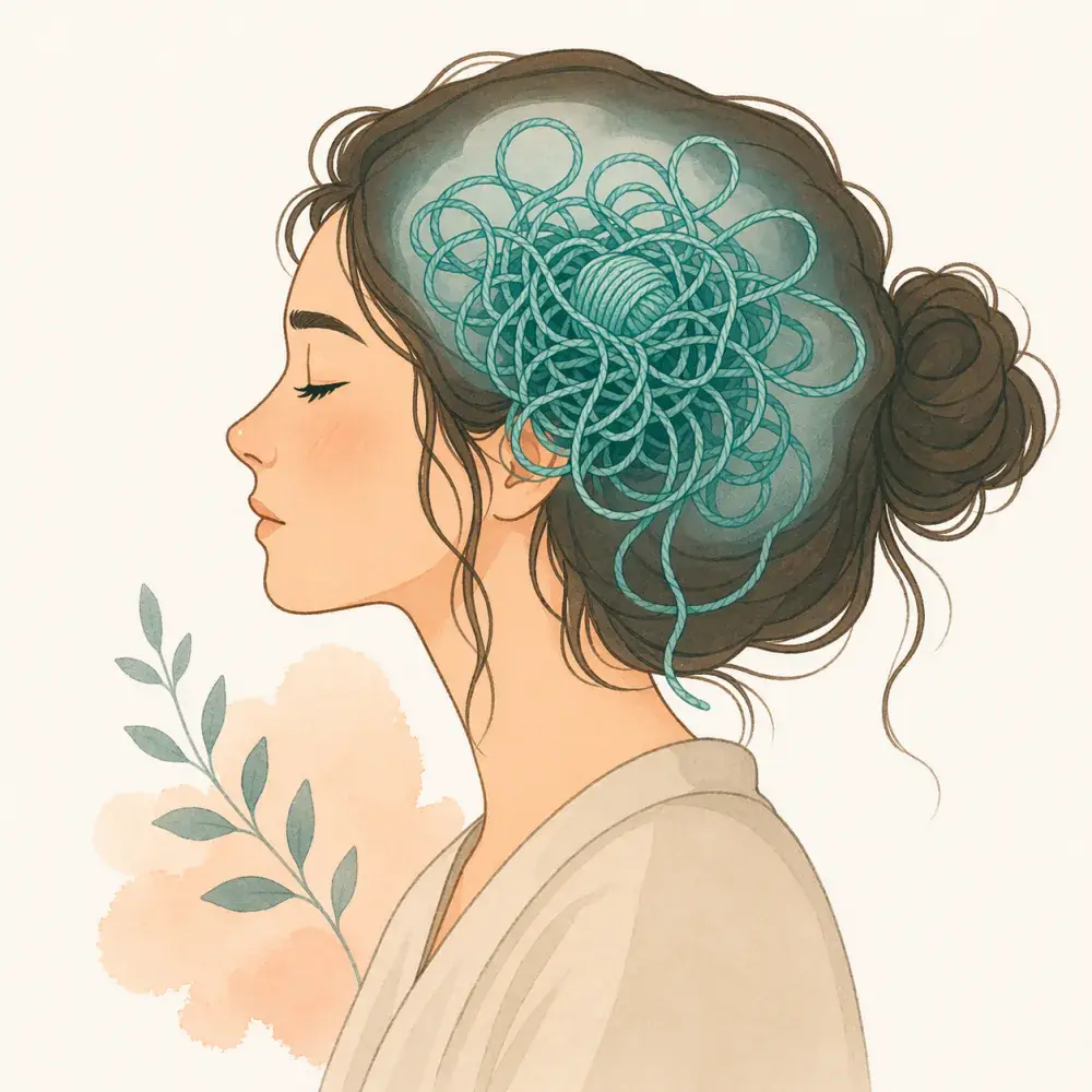 Illustration of a woman in profile with tangled teal yarn inside her head, representing racing thoughts that won't quiet.