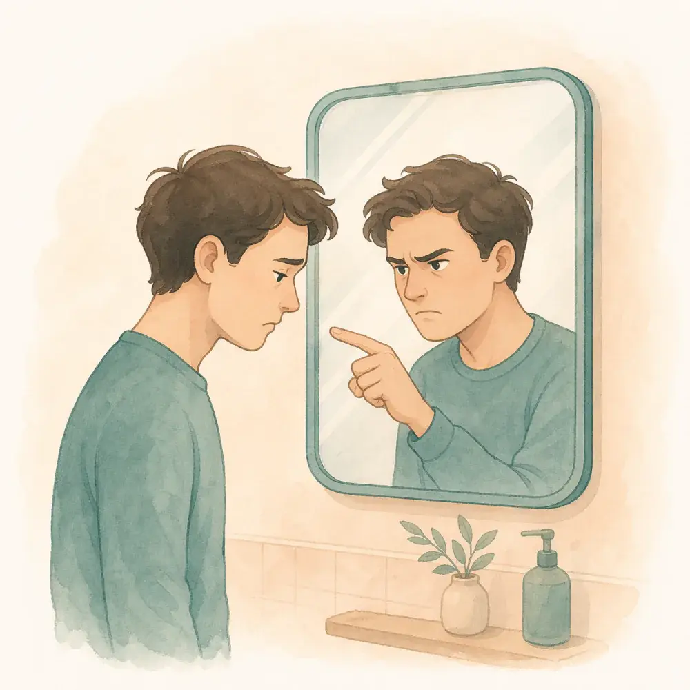 Illustration of a man looking into a mirror; his reflection is pointing a finger and scolding him, representing self-blame.