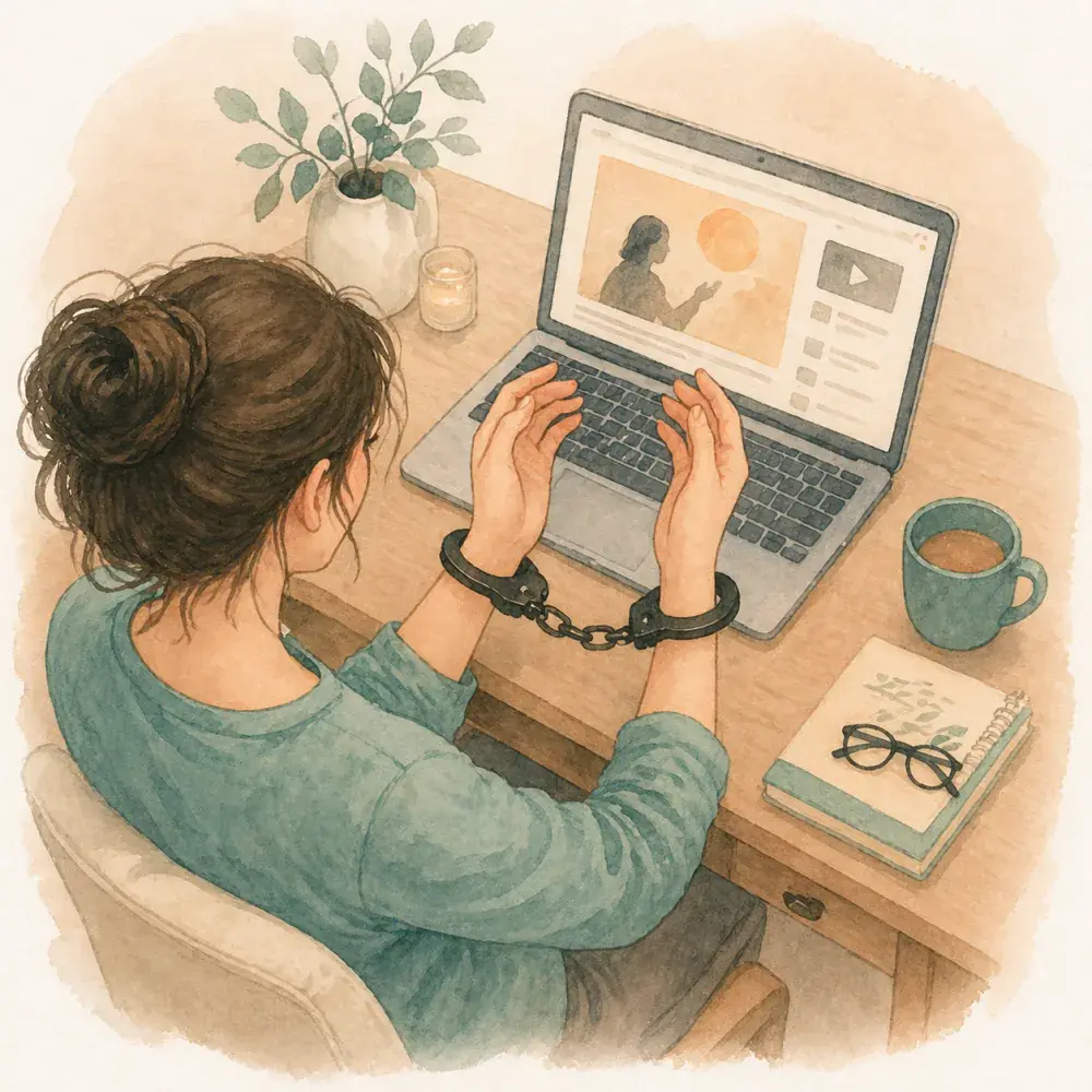 Illustration of a woman at a laptop watching abuse-recovery content with her hands in chains, representing feeling stuck despite knowing.