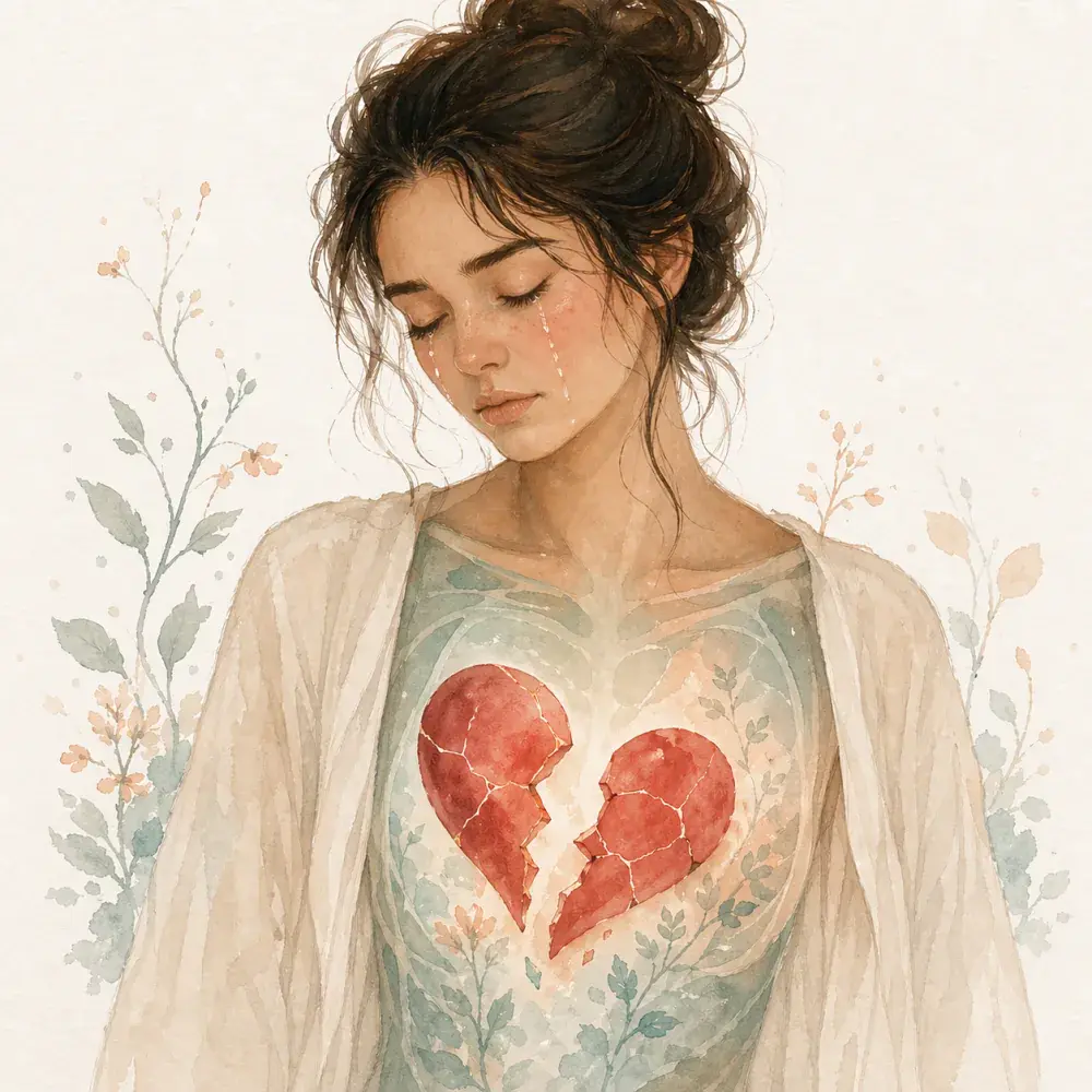 Illustration of a woman quietly crying with a visible broken heart inside her chest, surrounded by soft florals.