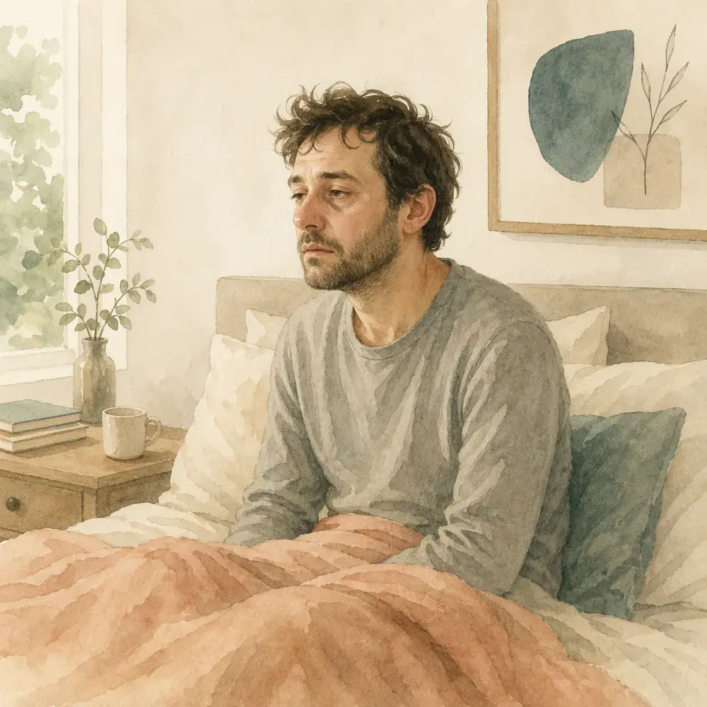 Illustration of a man sitting up in bed with a vacant stare, representing low-energy days when nothing moves.