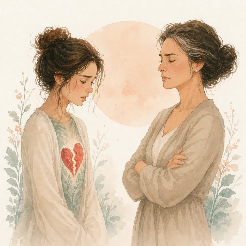 Illustration of a younger woman with a broken heart facing an older woman with arms crossed, representing being dismissed by family.