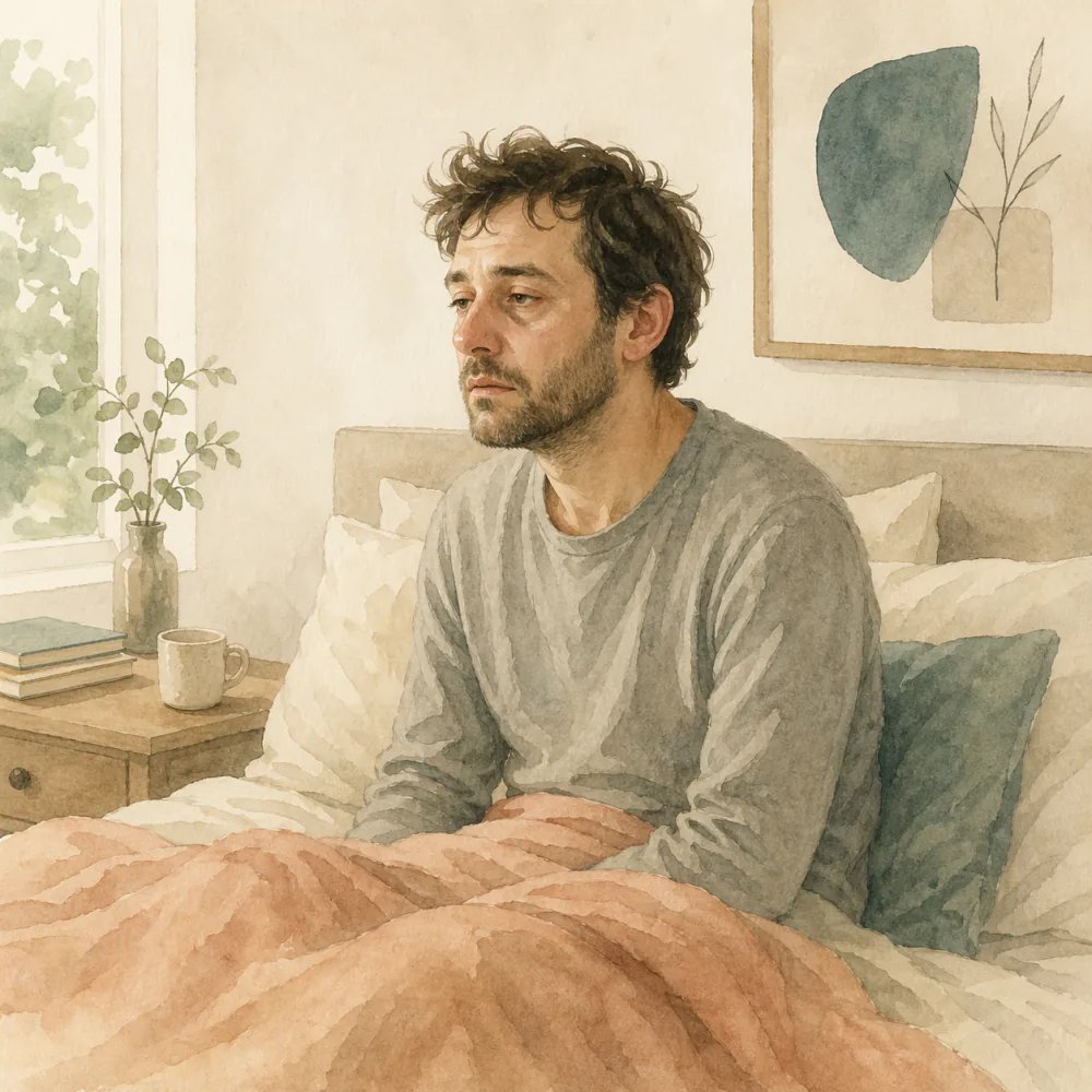 Illustration of a man sitting up in bed with a vacant stare, representing low-energy days when nothing moves.